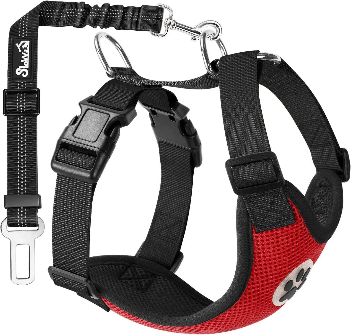 Dog Seat Belt Harness for Car, Dog Car Harness Adjustable Mesh Breathable & Dog Seatbelt Safety Tether with Elastic Bungee for Small Medium Large Pets(Red, Single Clip, S)