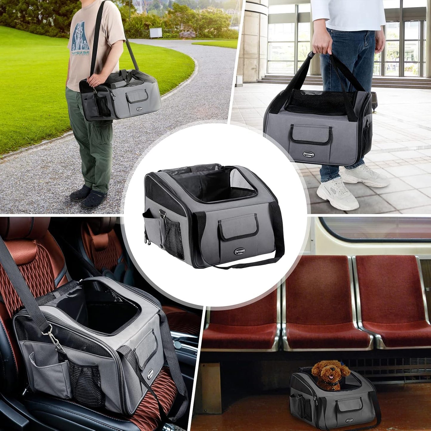 Pet Car Booster Seat Carrier Airline Approved for Dog Cat Puppy Small Animal Travel Cage (Gray, Large-Hold Pet up to 15Lb)