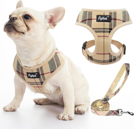Soft Mesh Dog Harness and Leash Set Pet Puppy Cat Comfort Padded Vest No Pull Harnesses, Beige, L