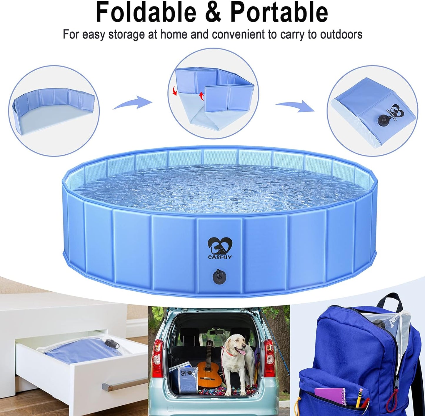 Foldable Dog Pool - 48'' / 63" Portable Dog Swimming Pool & Collapsible Swimming Pool for Small Large Dogs (63''X12'')