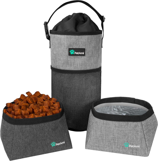 Travel Dog Food Bag Pet Collapsible Dog Bowls Set, Dog Kibble Bag, Pet Food Water Bowls for Dogs Cats, Foldable Waterproof Dog Camping Bowls Cup Dish Accessories for Hiking, Heather Gray