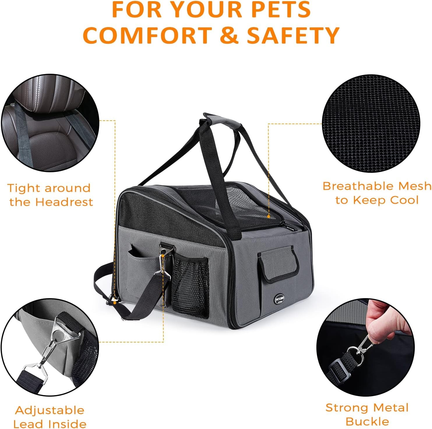 Pet Car Booster Seat Carrier Airline Approved for Dog Cat Puppy Small Animal Travel Cage (Gray, Large-Hold Pet up to 15Lb)