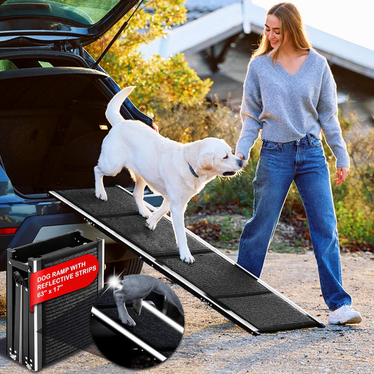 Dog Ramp for Car SUV & Truck, Extra Wide Dog Ramps for Large Dogs, Non-Slip Rug Surface with Reflective Strips, Portable Folding Car Ramp for Truck. Supports up to 200LBS.